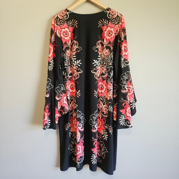 Roz & Ali Black Pink Floral Bell Sleeve Dress Women’s 18 Sheath Fit - Picture 8 of 13